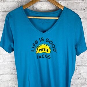 Life is Good Women's Taco Graphic‎ V-Neck T-Shirt Top Casual Tee Blue Large